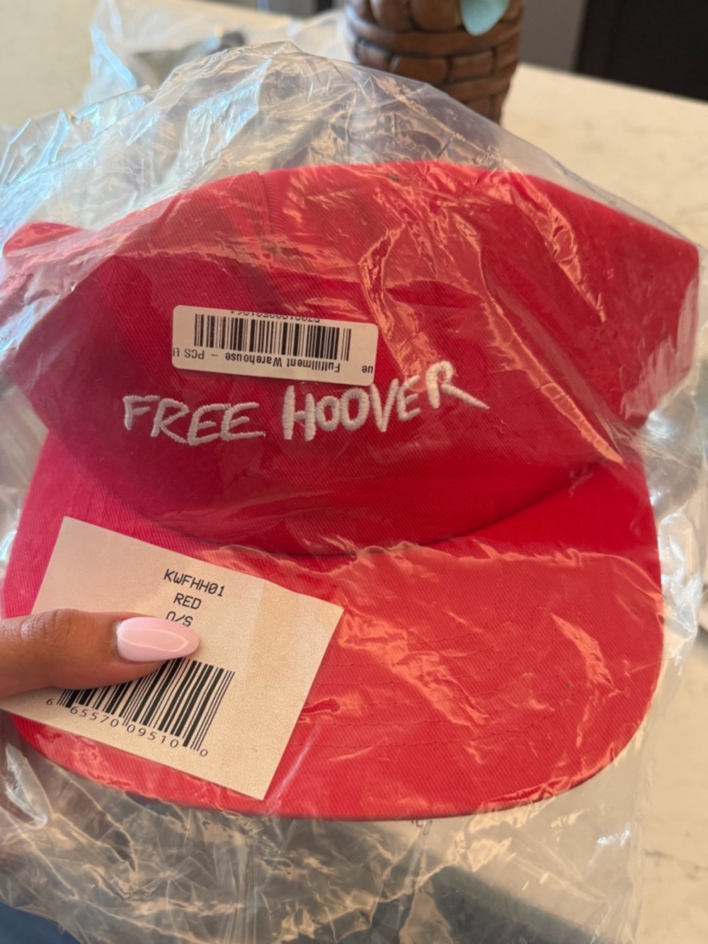 Yeezy Red Baseball Cap with White 'FREE HOOVER' Embroidery